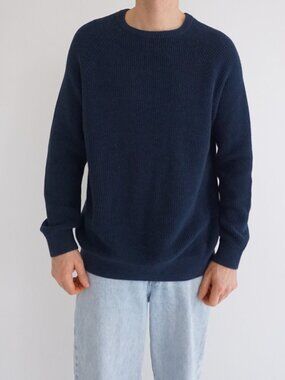 Denver Hayes Navy Rib Knit Minimalist Crewneck Pullover Sweater Cotton Blend L